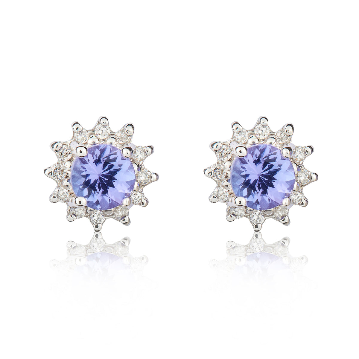 9CT WG 4MM ROUND TANZANITE & DIAMOND CLAW SET CLUSTER EARRINGS