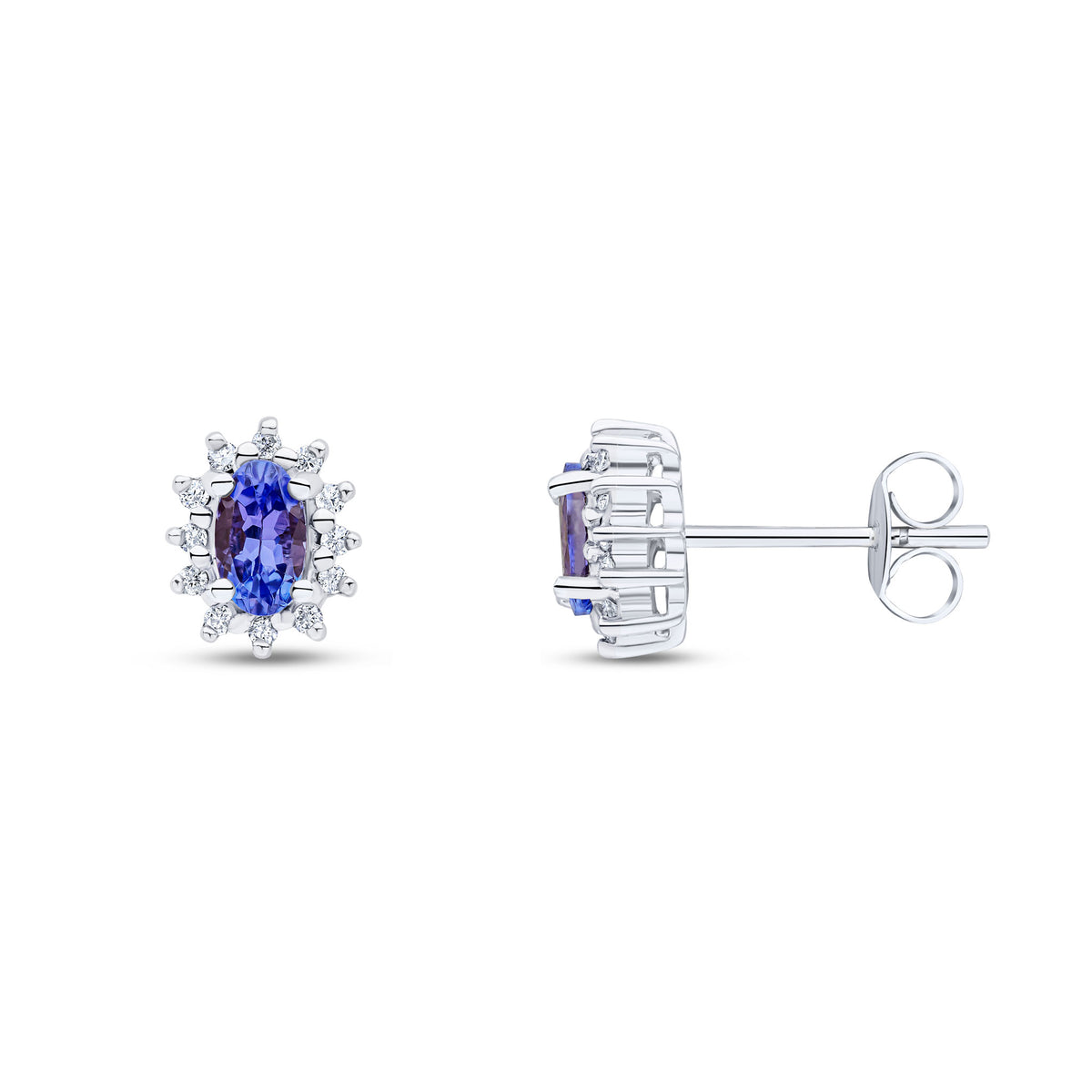 9CT WG 5X3 OVAL TANZANITE & DIAMOND CLAW SET CLUSTER EARRINGS