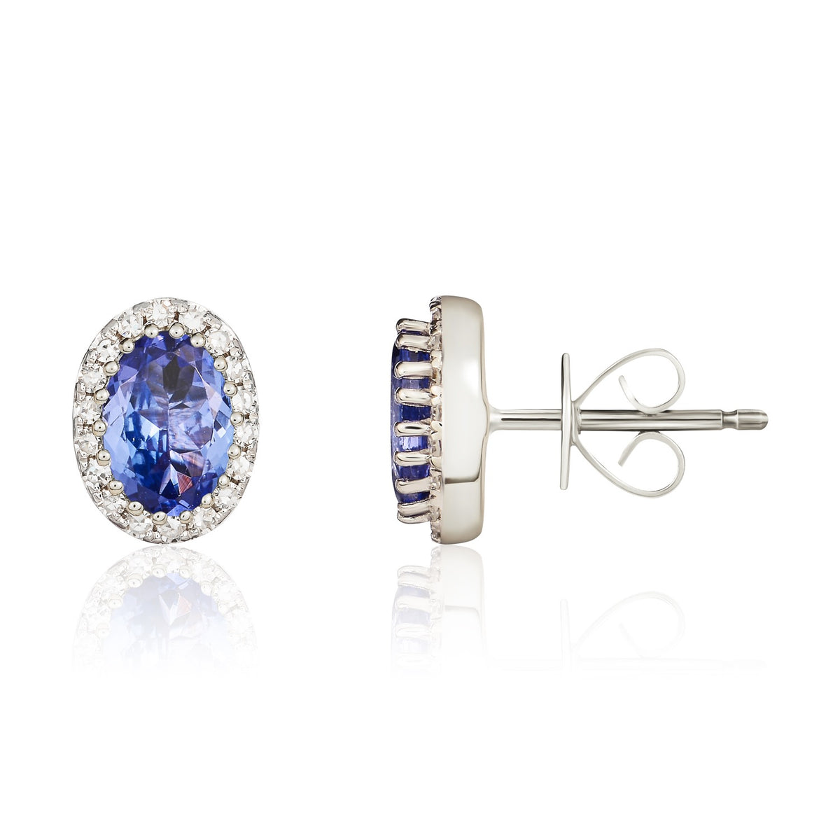 9CT WG 6X4 OVAL TANZANITE & DIAMOND CLAW SET CLUSTER EARRINGS