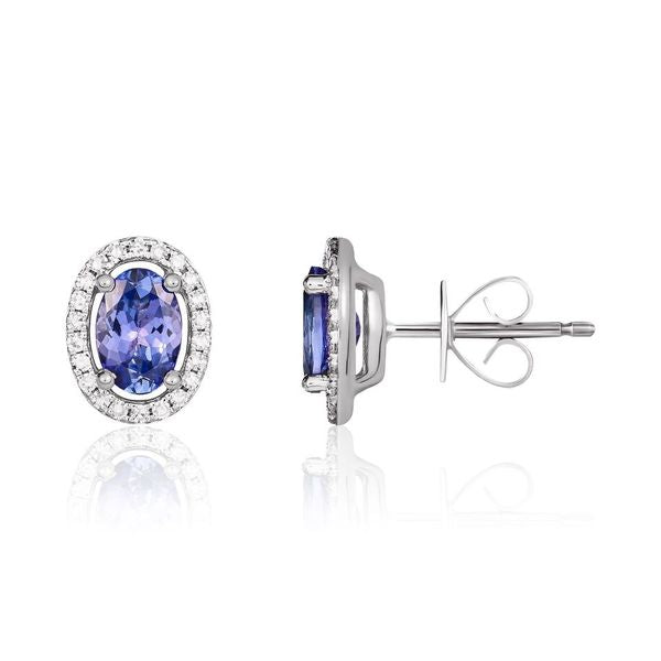 9CT WG 6X4 OVAL TANZANITE AND ROUND DIAMOND HALO CLUSTER EARRINGS