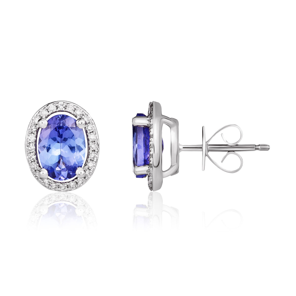 9CT WG 7X5 OVAL TANZANITE AND ROUND DIAMOND CLAW SET HALO CLUSTER EARRINGS