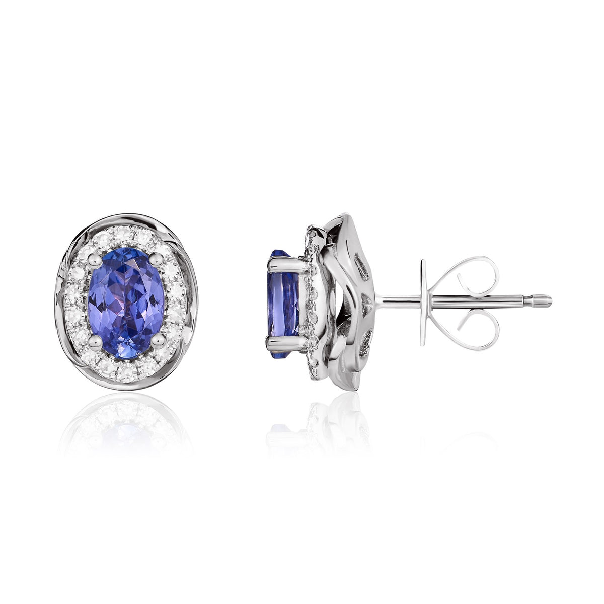 9CT WG 6X4 OVAL TANZANITE & DIAMOND CLUSTER EARRINGS WITH ROPE EDGE