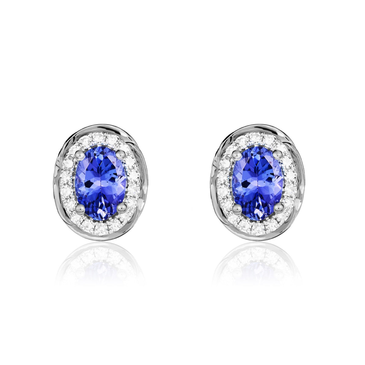 9CT WG 7X5 OVAL TANZANITE & DIAMOND CLUSTER EARRINGS WITH ROPE EDGE