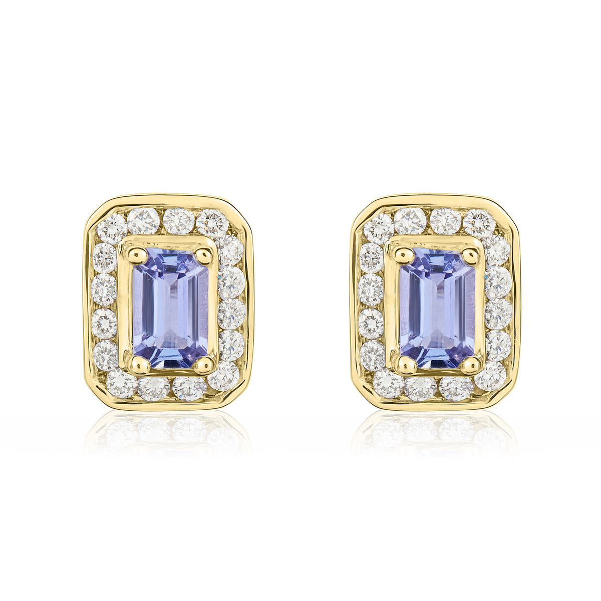 9CT YELLOW GOLD OCTAGON TANZANITE AND DIAMOND RUBOVER CLUSTER EARRINGS