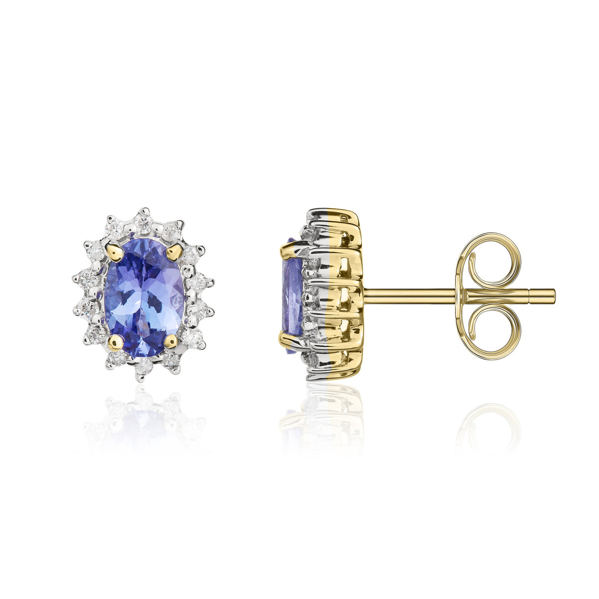 9CT YG 6X4 OVAL TANZANITE & DIAMOND CLAW SET CLUSTER EARRINGS. RHODIUM TO DIAMONDS