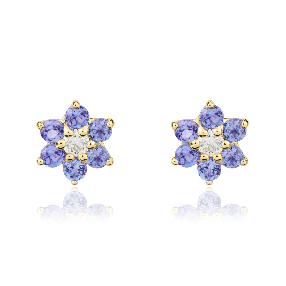 9CT YG ROUND TANZANITE AND ROUND DIAMOND 6X1 REVERSE CLUSTER CLAW EARRINGS
