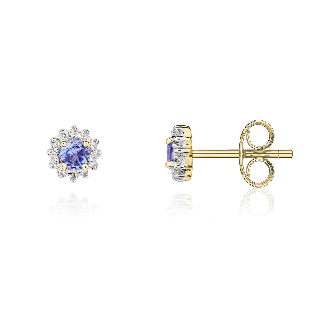 9CT YG 3MM ROUND TANZANITE AND DIAMOND CLAW CLUSTER EARRINGS. RHODIUM TO DIAMONDS