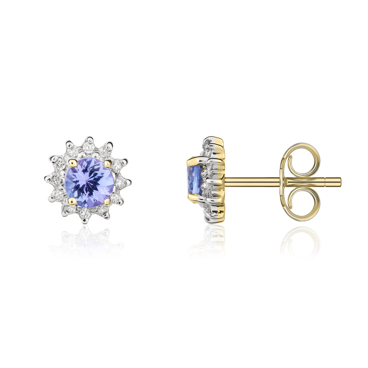 9CT YG 4MM ROUND TANZANITE AND DIAMOND CLAW CLUSTER EARRINGS