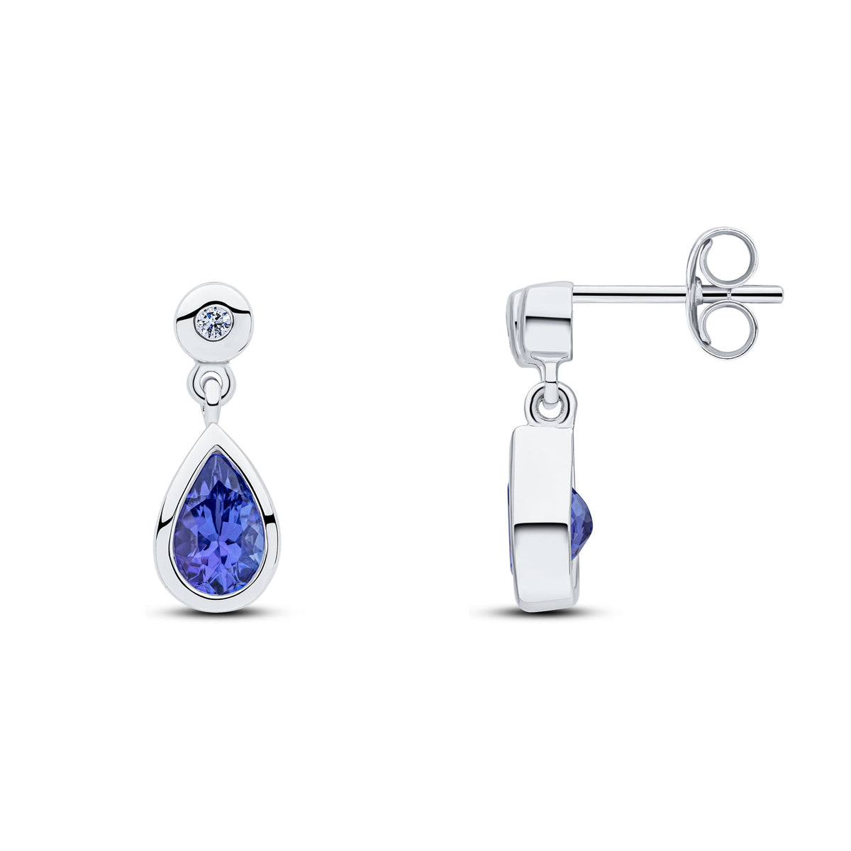 9CT WG PEARSHAPE TANZANITE AND ROUND DIAMOND 2ST RUBOVER DROP EARRINGS