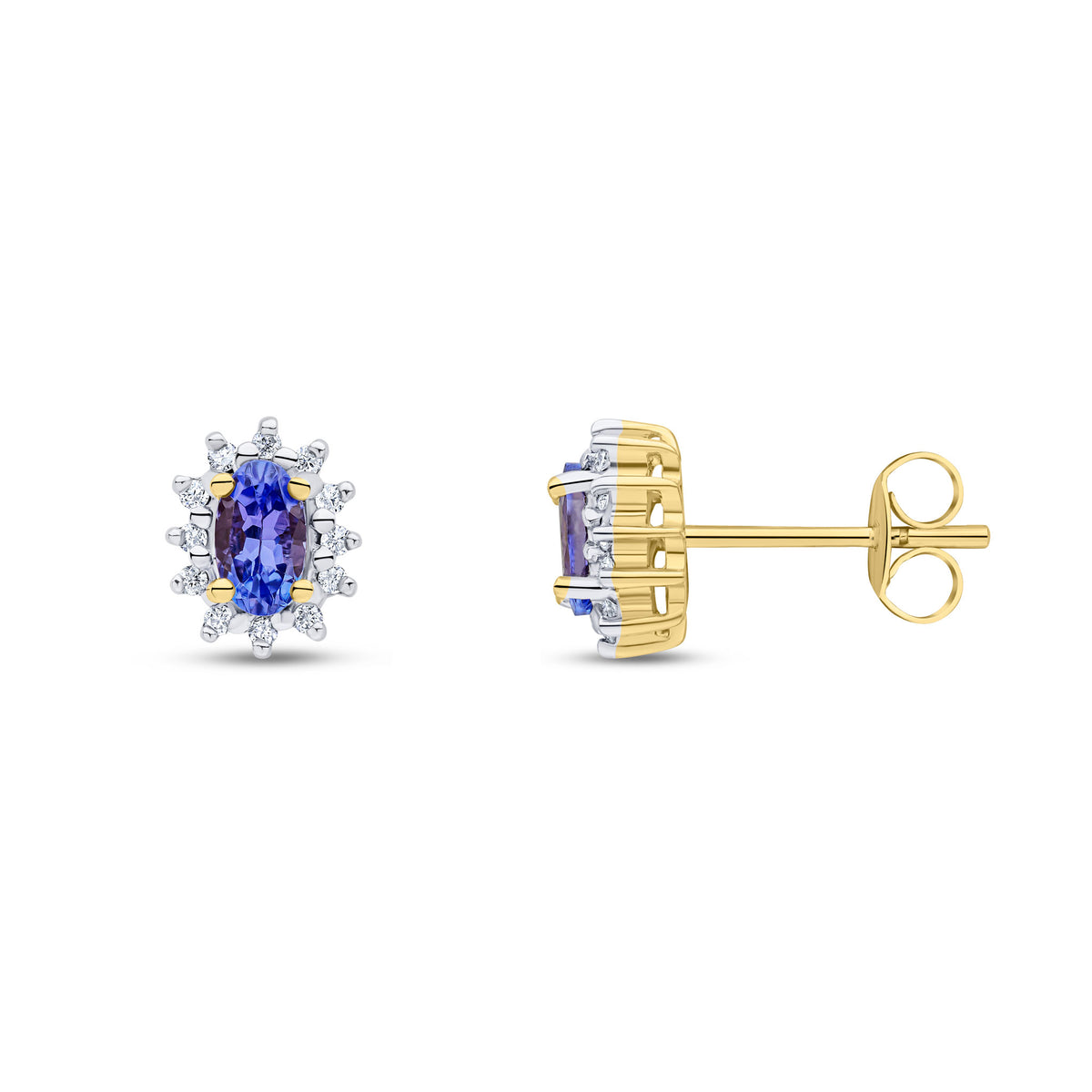 9CT YG 5X3 OVAL TANZANITE & DIAMOND CLAW SET CLUSTER EARRINGS. RHODIUM TO DIAMONDS