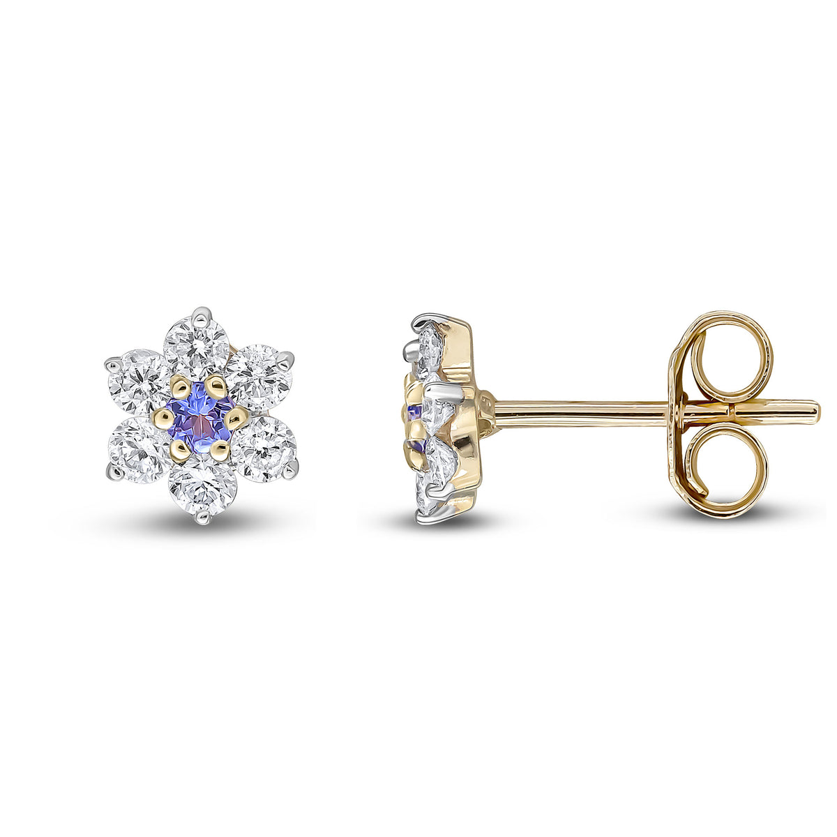 9CT YELLOW GOLD ROUND TANZANITE AND DIAMOND CLAW CLUSTER EARRINGS