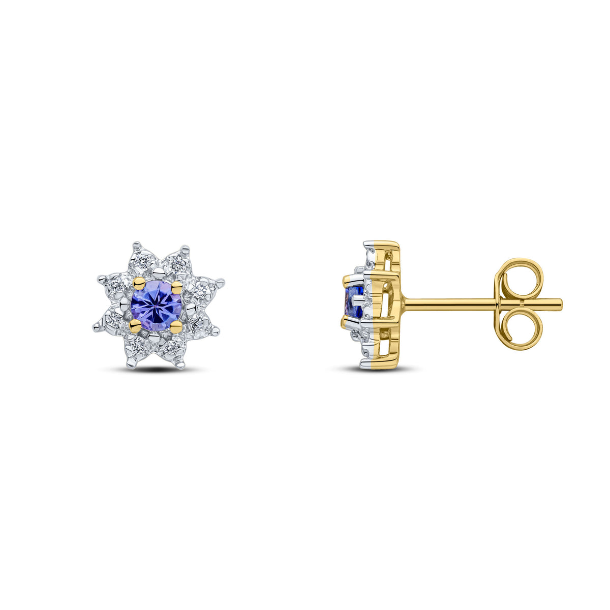 9CT YELLOW GOLD ROUND TANZANITE AND DIAMOND CLAW CLUSTER EARRINGS