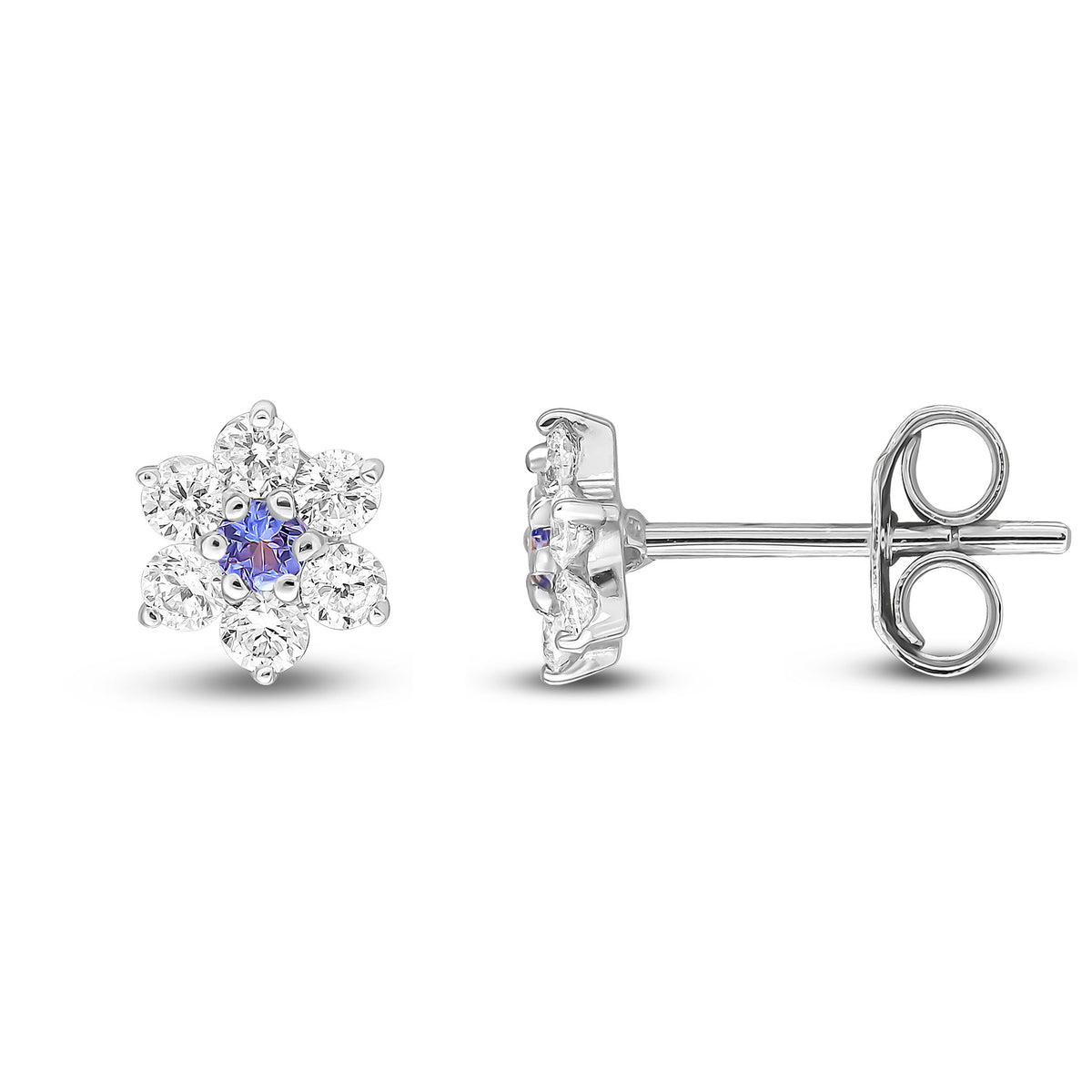 9CT WHITE GOLD ROUND TANZANITE AND DIAMOND CLAW CLUSTER EARRINGS
