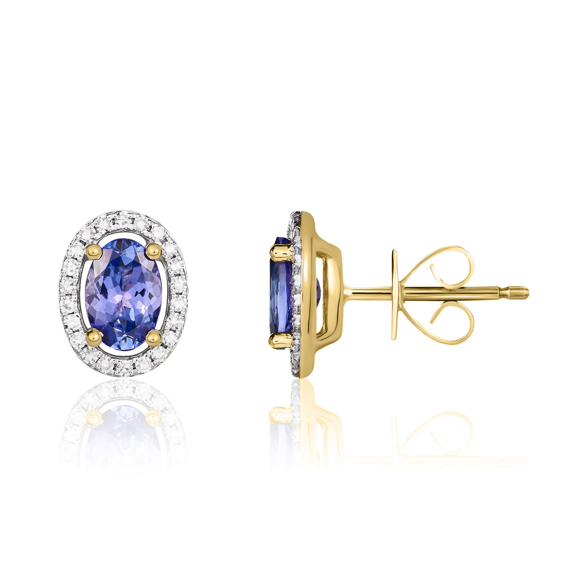 9CT YG 6X4 OVAL TANZANITE AND ROUND DIAMOND HALO CLUSTER EARRINGS. RHODIUM TO DIAMONDS