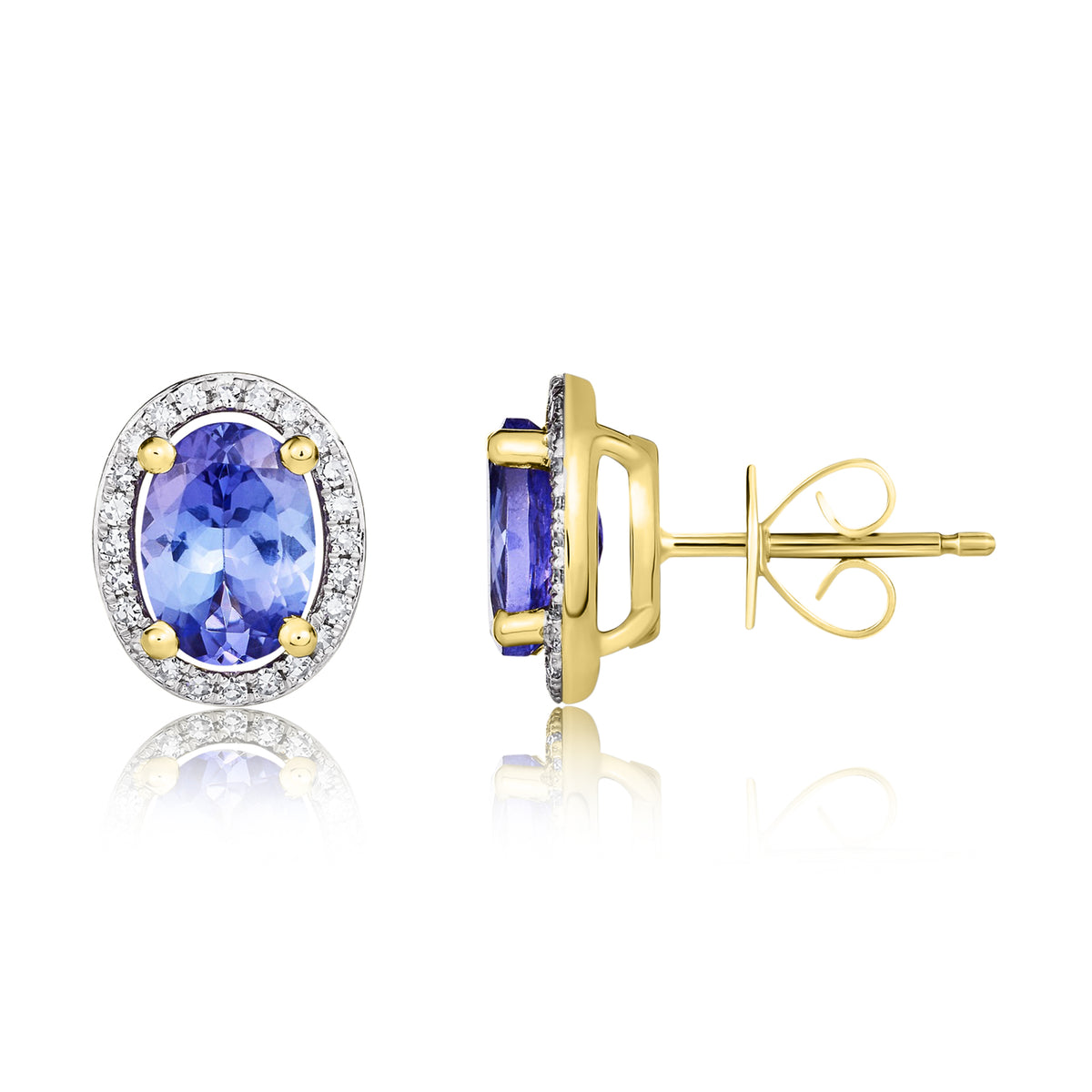 9CT YG 7X5 OVAL TANZANITE AND ROUND DIAMOND CLAW SET HALO CLUSTER EARRINGS. RHODIUM TO DIAMONDS
