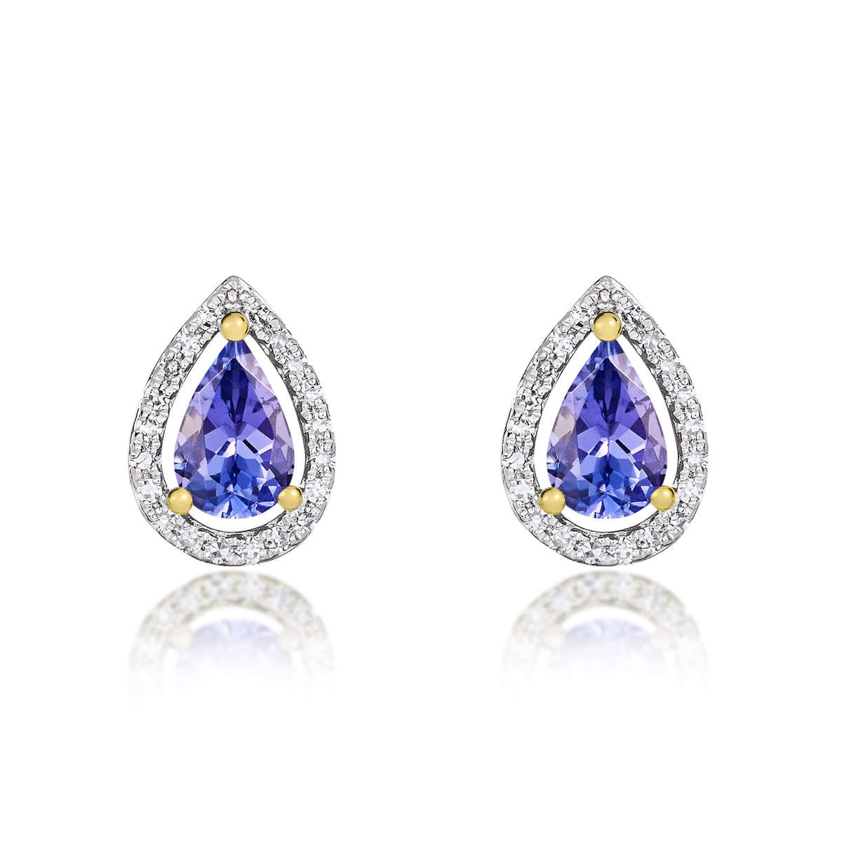 9CT YG 6X4 PEARSHAPE TANZANITE & DIAMOND HALO CLUSTER EARRINGS. RHODIUM TO DIAMONDS