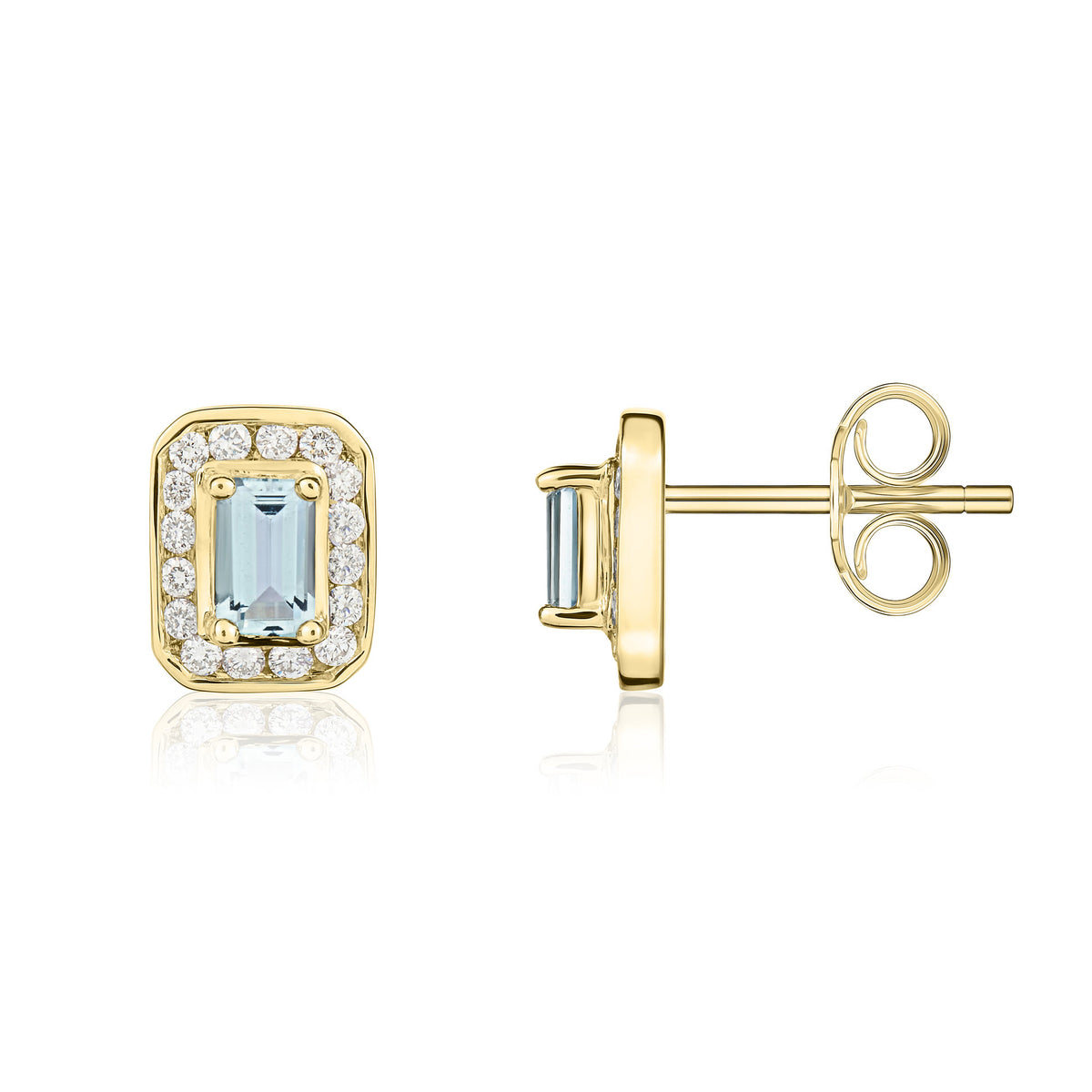 9CT YG 5X3 OCTAGON AQUA & DIAMOND CLUSTER EARRINGS