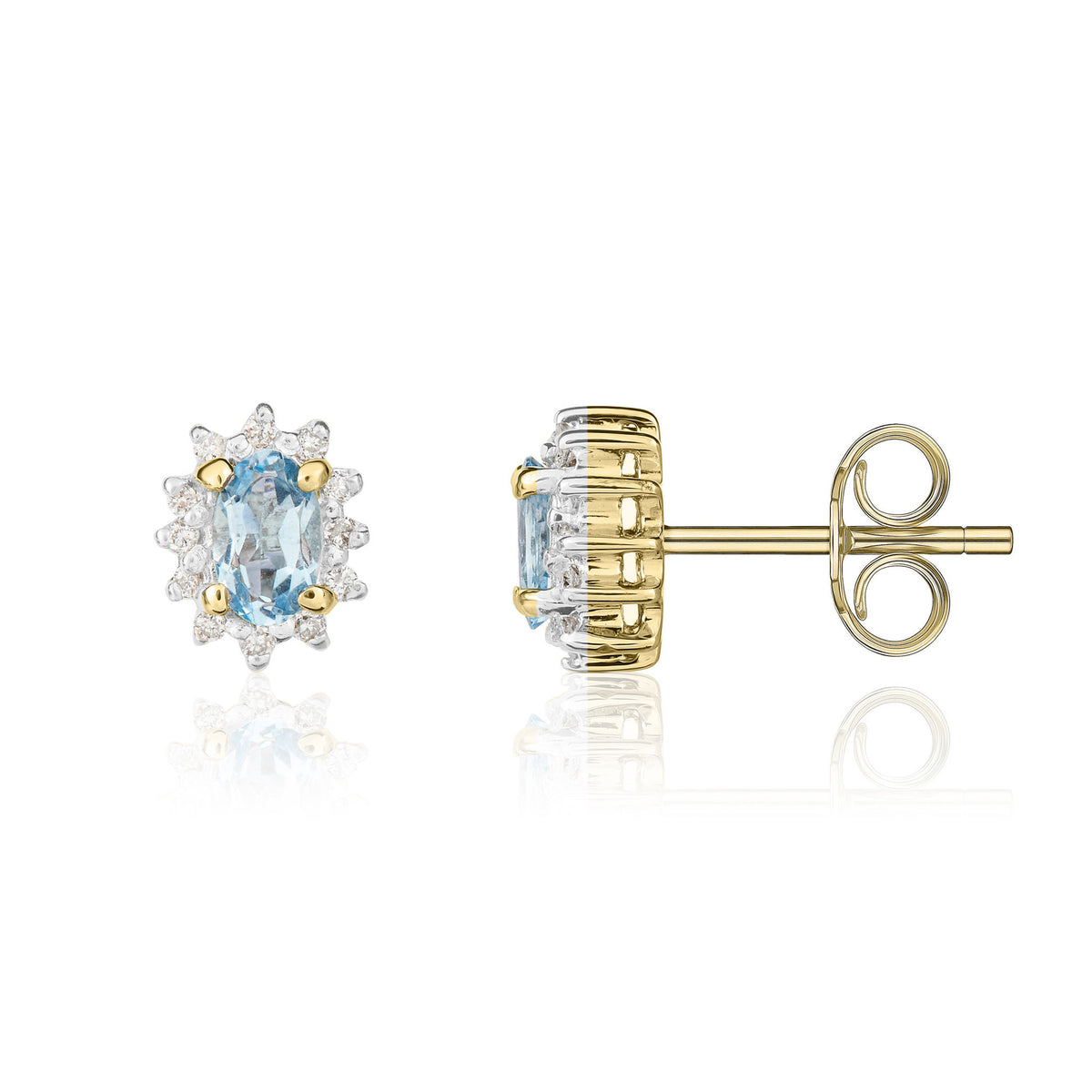 9CT YG 5X3 OVAL AQUA & DIAMOND CLAW SET CLUSTER EARRINGS. RHODIUM TO DIAMONDS
