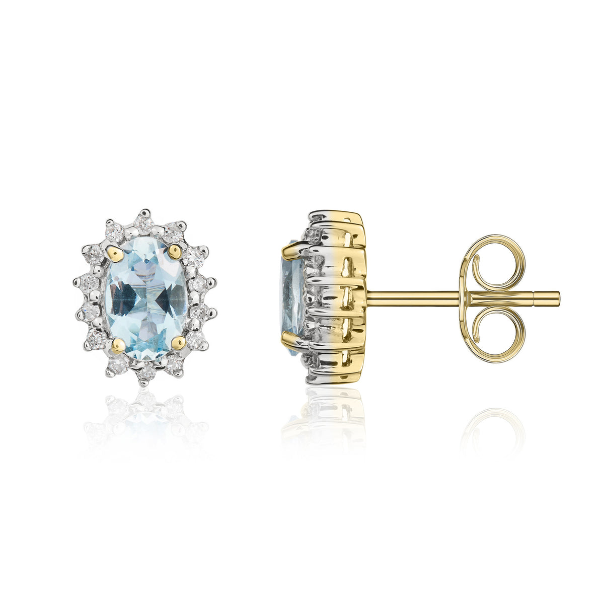 9CT YG 6X4 OVAL AQUA & DIAMOND CLAW SET CLUSTER EARRINGS. RHODIUM TO DIAMONDS