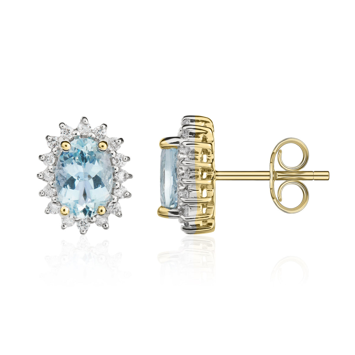 9CT YG 7X5 OVAL AQUA & DIAMOND CLAW SET CLUSTER EARRINGS. RHODIUM TO DIAMONDS