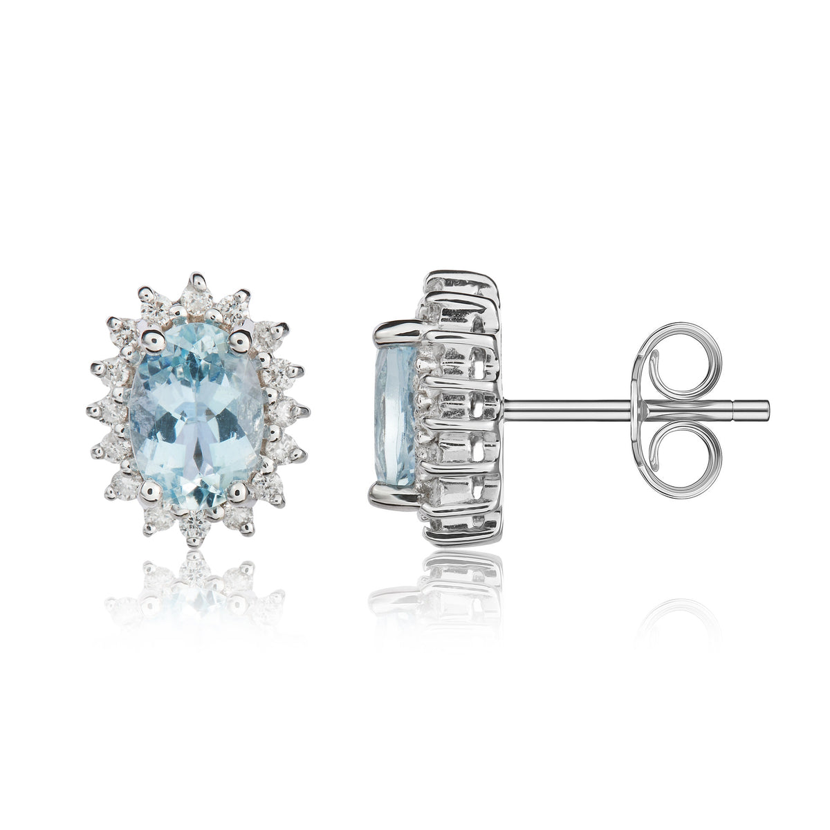 9CT WG 7X5 OVAL AQUA & DIAMOND CLAW SET CLUSTER EARRINGS