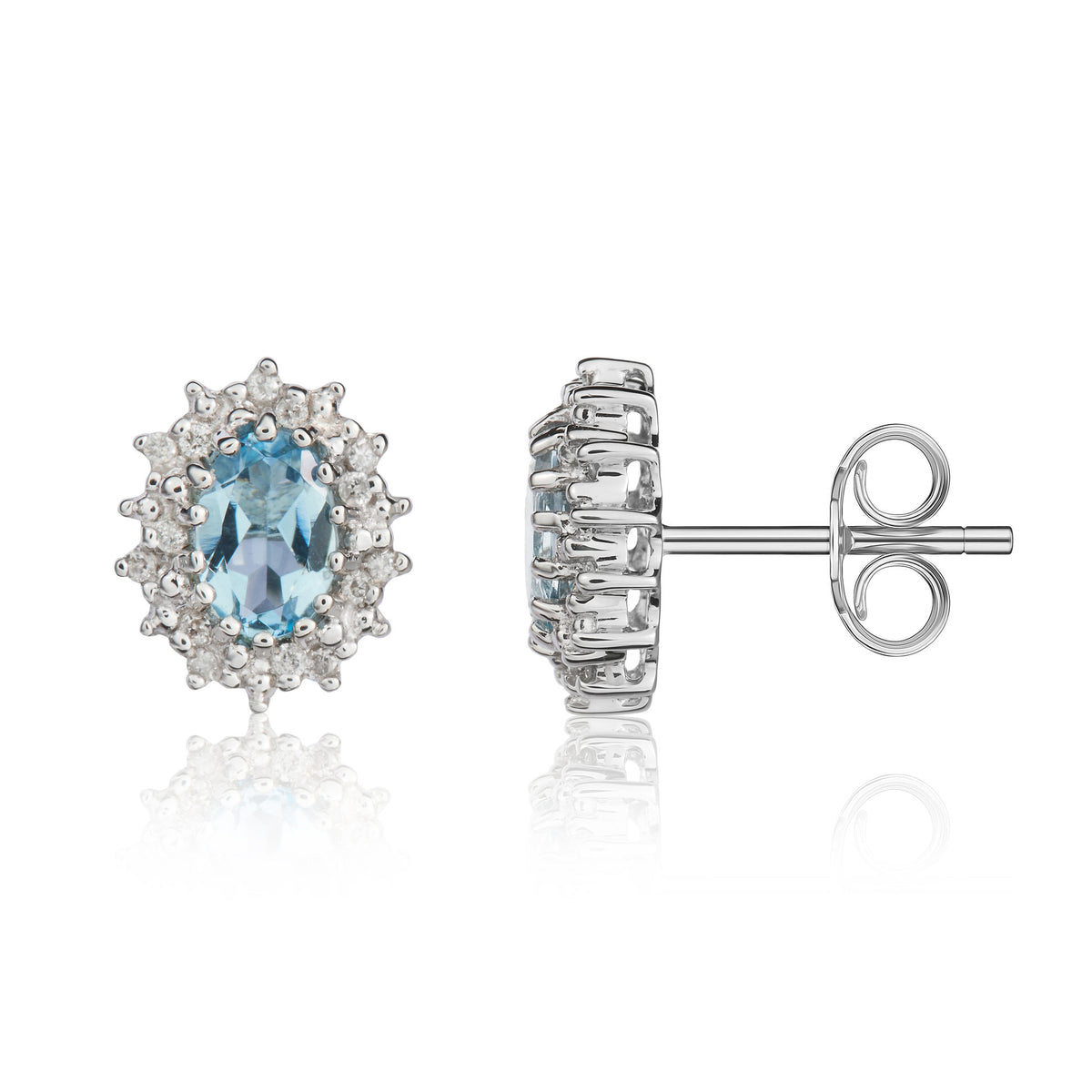 9CT WG 6X4 OVAL AQUA & DIAMOND CLAW SET CLUSTER EARRINGS