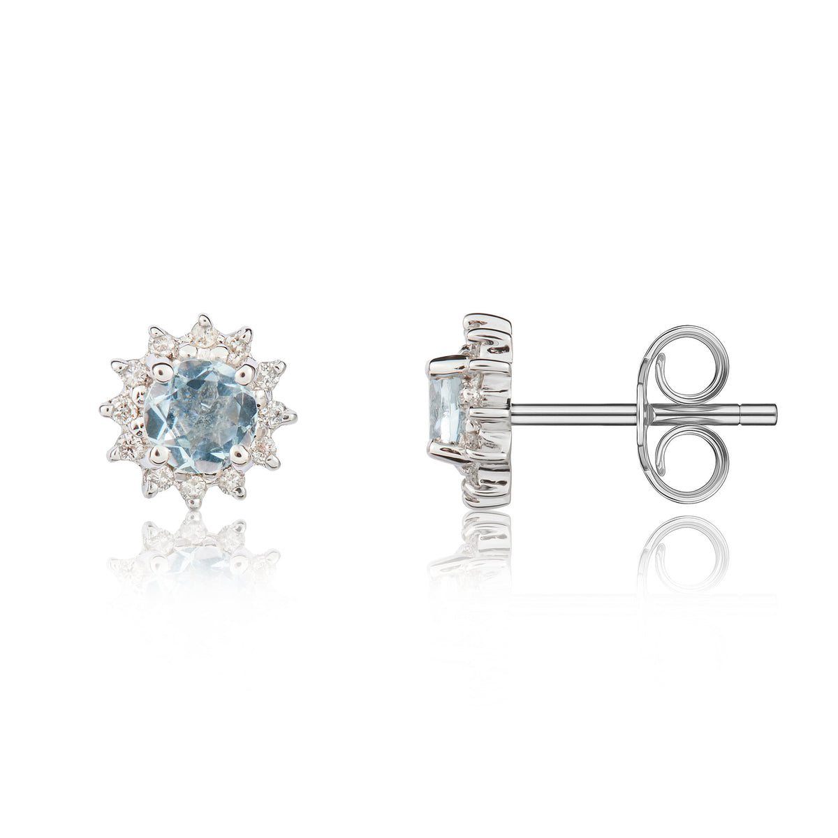 9CT WG 4MM ROUND AQUA & DIAMOND CLAW SET CLUSTER EARRINGS