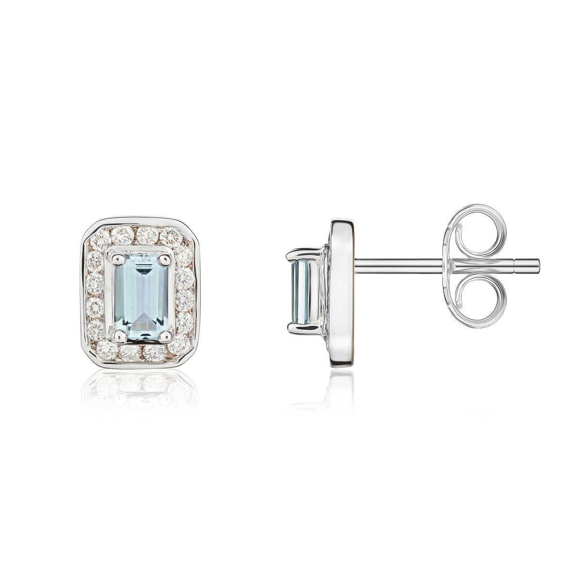 9CT WG 5X3 OCTAGON AQUA & DIAMOND CLUSTER EARRINGS