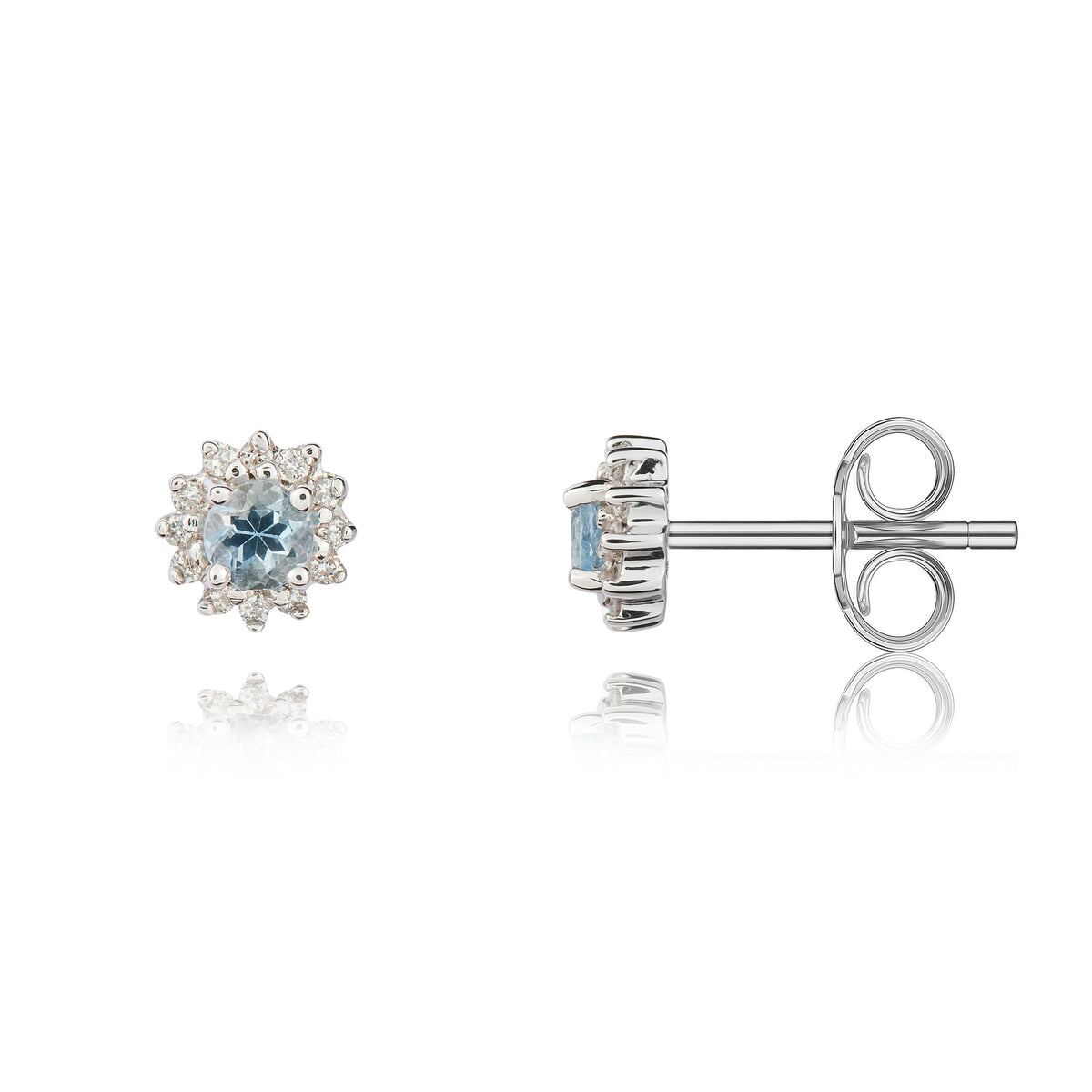 9CT WG 3MM ROUND AQUA AND DIAMOND CLAW CLUSTER EARRINGS
