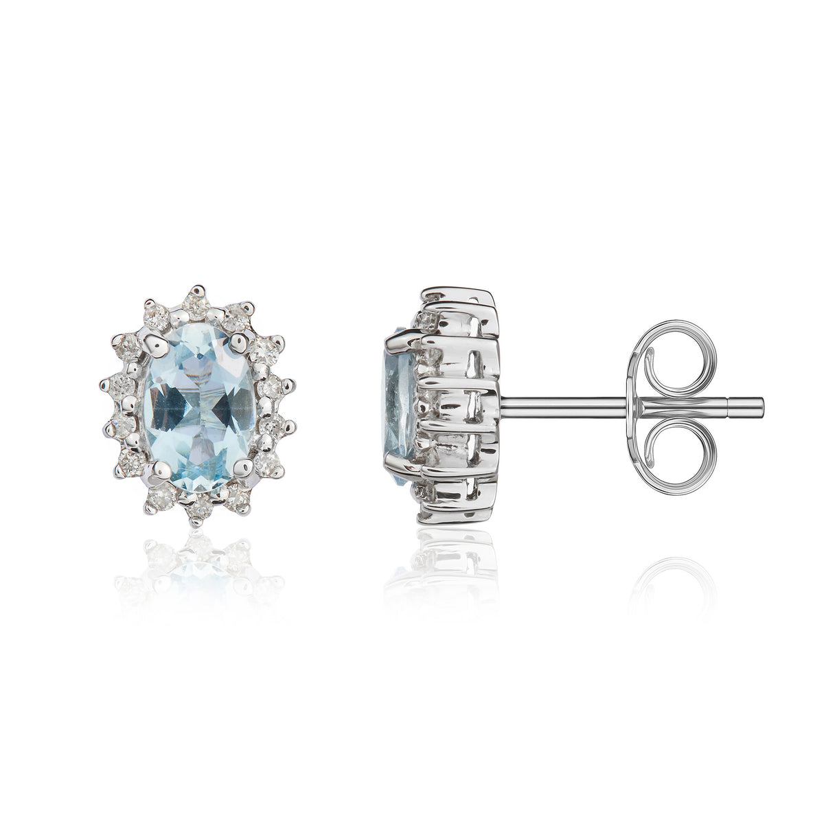 9CT WG 6X4 OVAL AQUA & DIAMOND CLAW SET CLUSTER EARRINGS