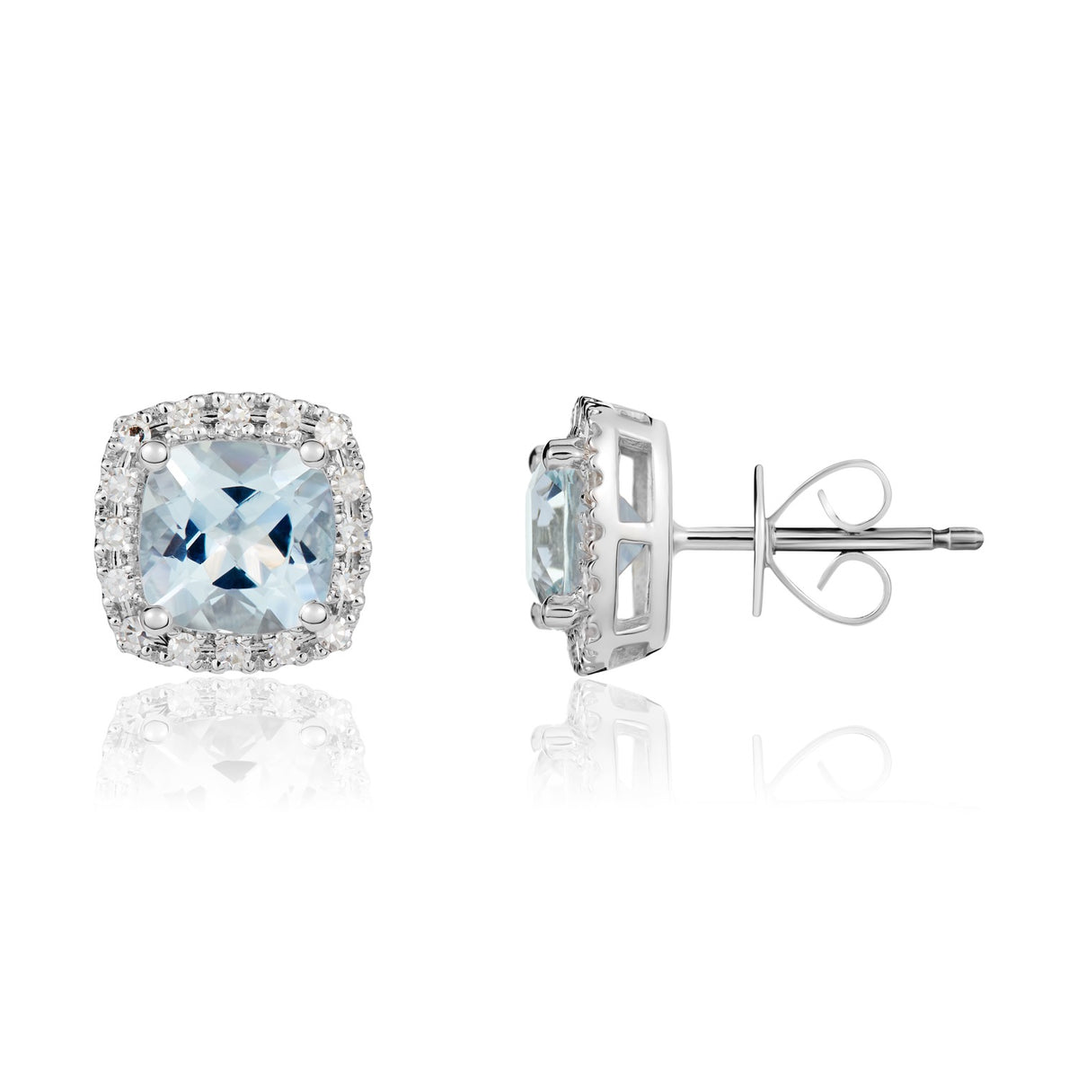 9CT WG 6MM CUSHION AQUA & DIAMOND CLAW SET CLUSTER EARRINGS