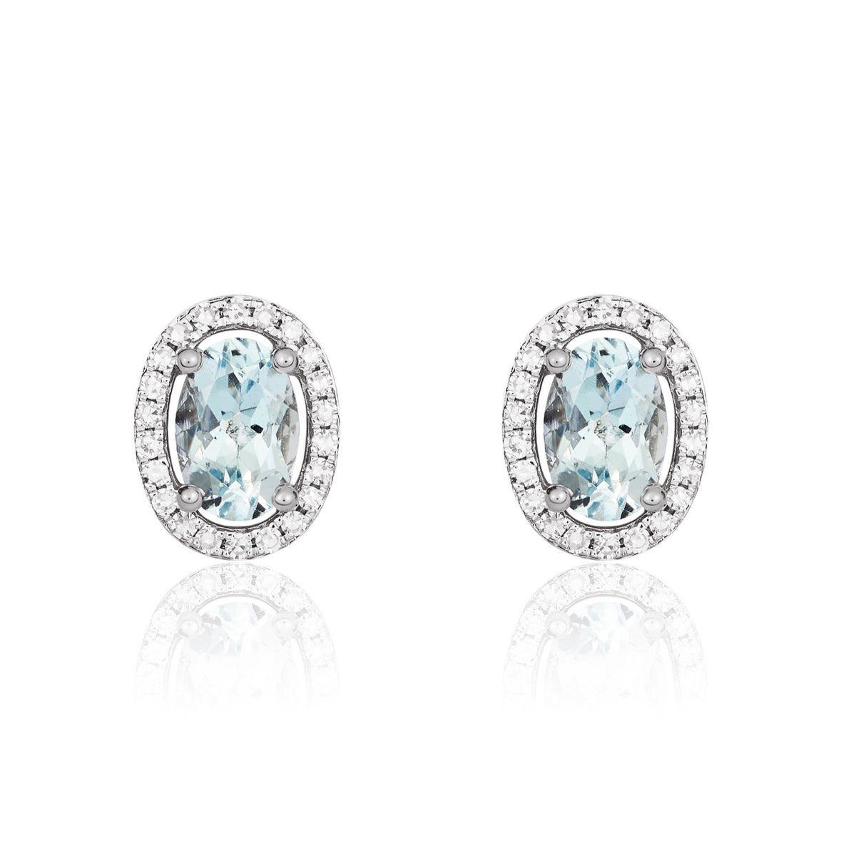9CT WG 6X4 OVAL AQUA AND ROUND DIAMOND HALO CLUSTER EARRINGS