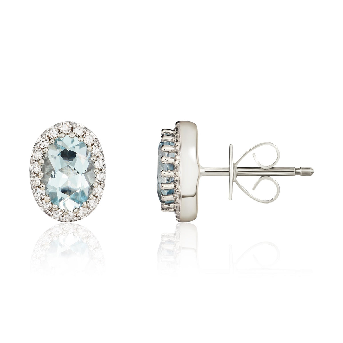 9CT WHITE GOLD OVAL AQUA AND DIAMOND CLAW CLUSTER EARRINGS
