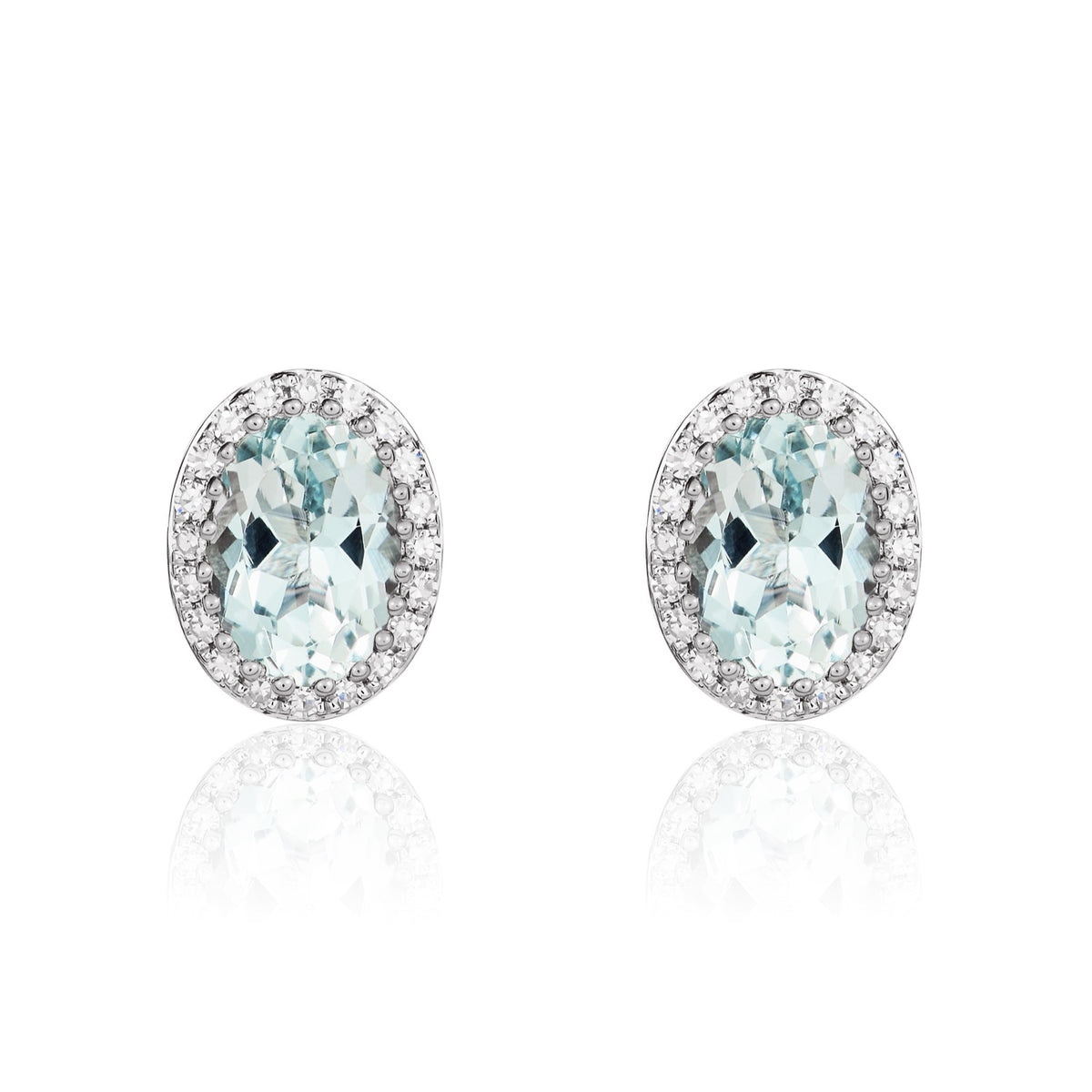 9CT WG 7X5 OVAL AQUA AND ROUND DIAMOND CLAW CLUSTER EARRINGS