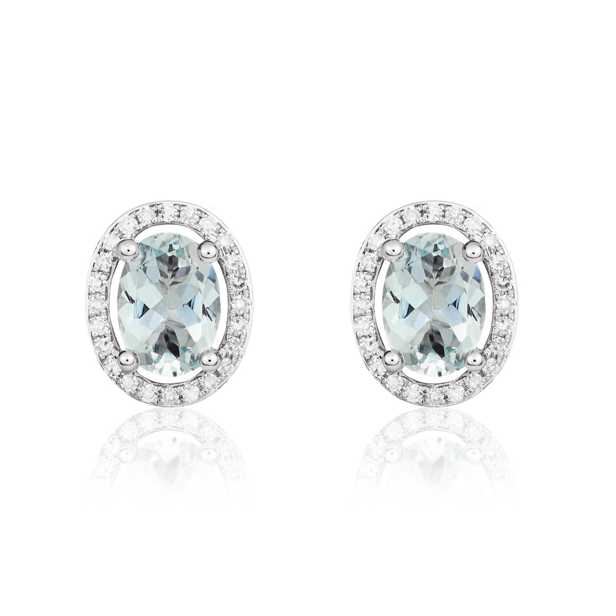 9CT WG 7X5 OVAL AQUA AND ROUND DIAMOND CLAW SET HALO CLUSTER EARRINGS