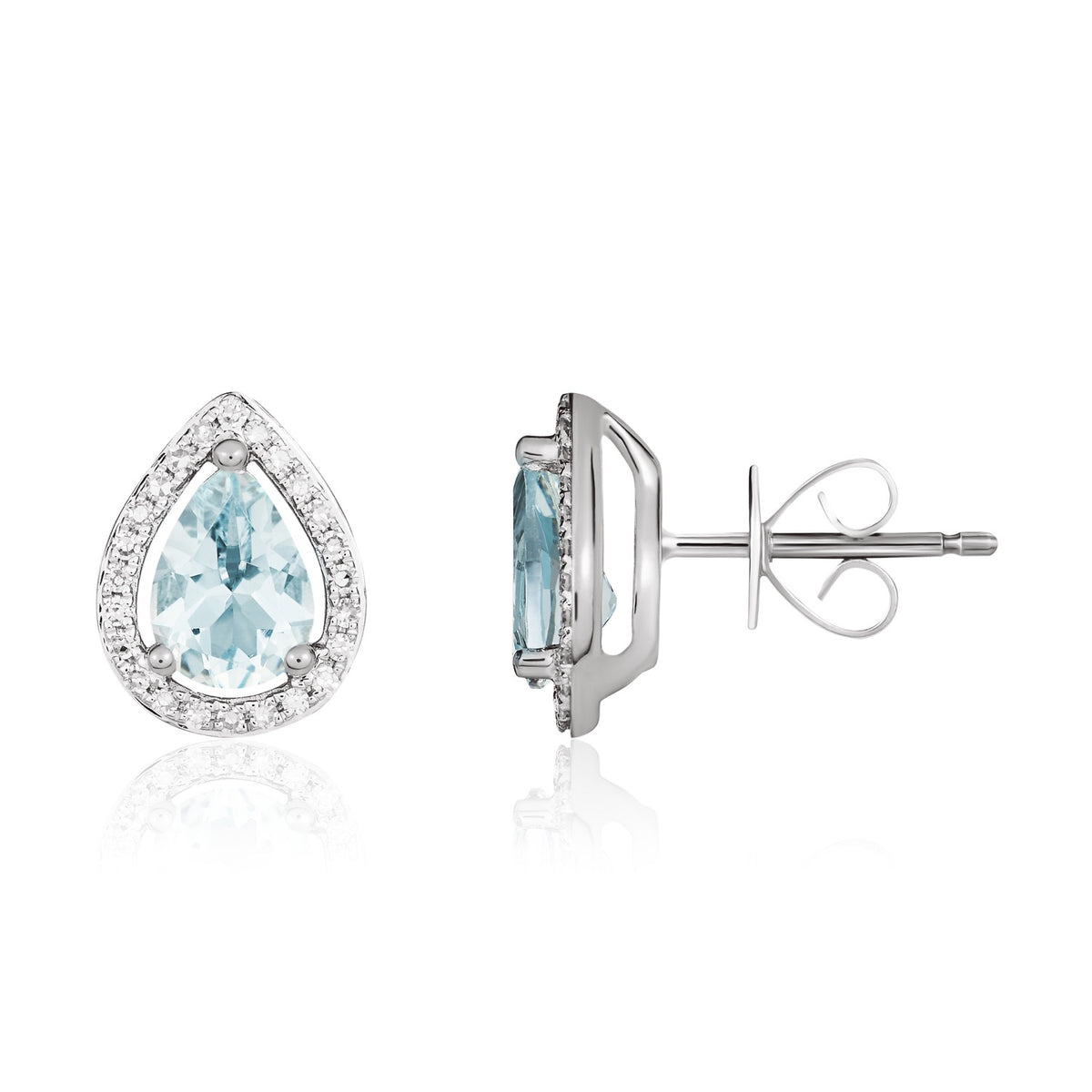 9CT WG 7X5 PEARSHAPE AQUA & DIAMOND HALO CLUSTER EARRINGS