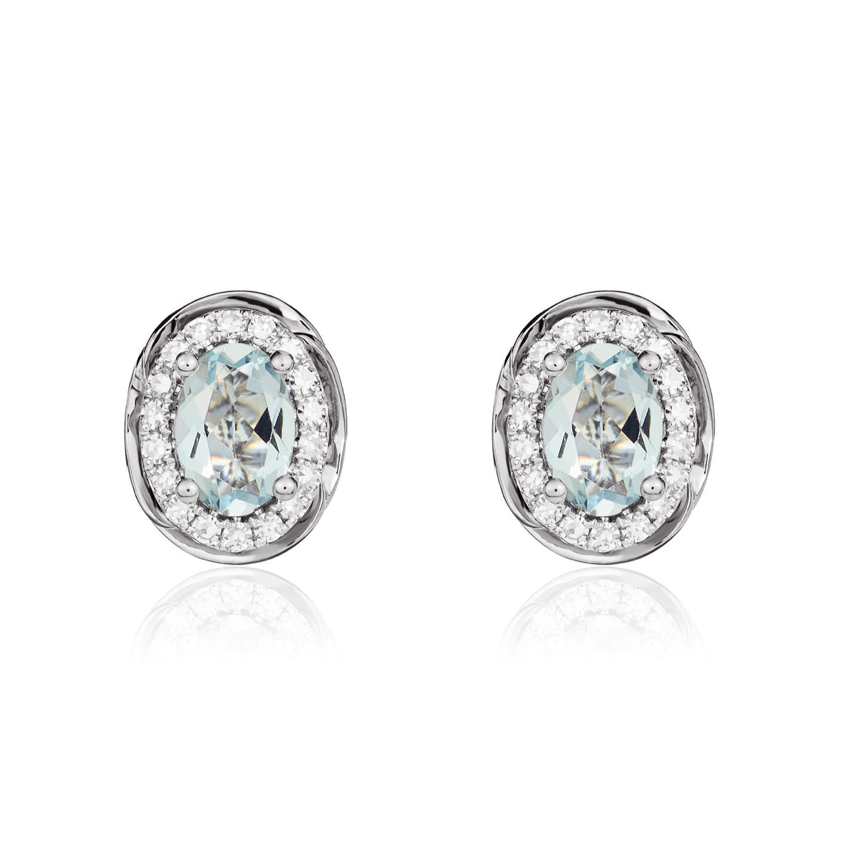 9CT WG 6X4 OVAL AQUA & DIAMOND CLUSTER EARRINGS WITH ROPE EDGE