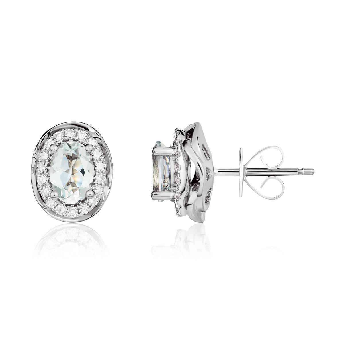 9CT WG 7X5 OVAL AQUA & DIAMOND CLUSTER EARRINGS WITH ROPE EDGE