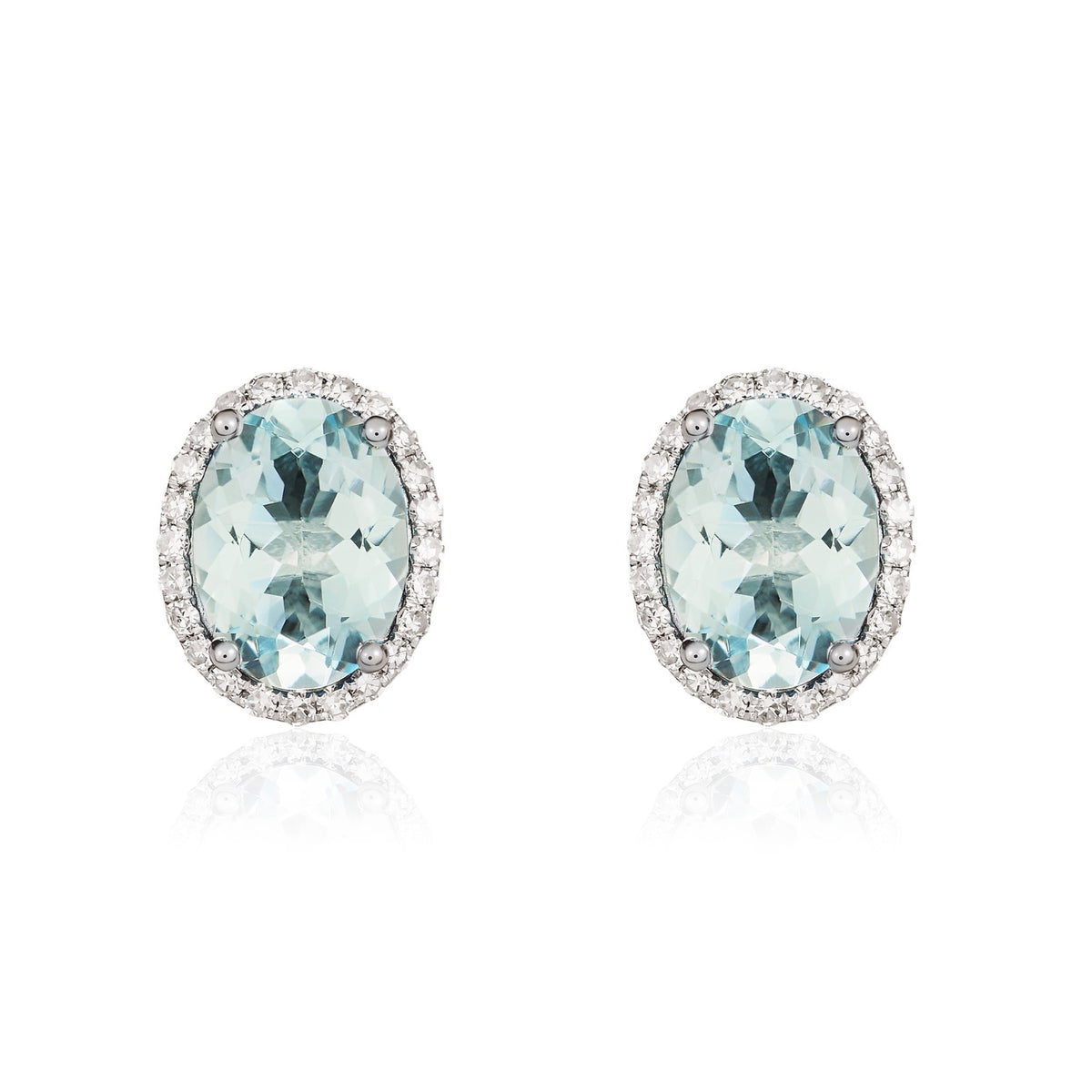 9CT WG 8X6 OVAL AQUA & DIAMOND CLAW SET CLUSTER EARRINGS