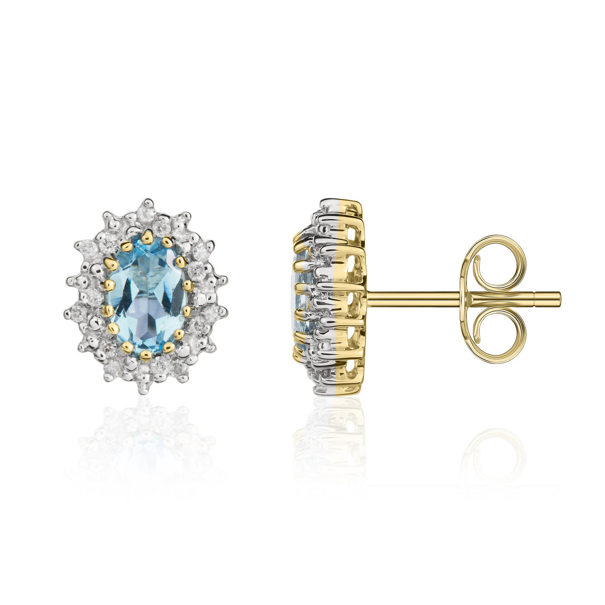 9CT YG 6X4 OVAL AQUA AND DIAMOND CLAW CLUSTER EARRINGS. RHODIUM TO DIAMONDS