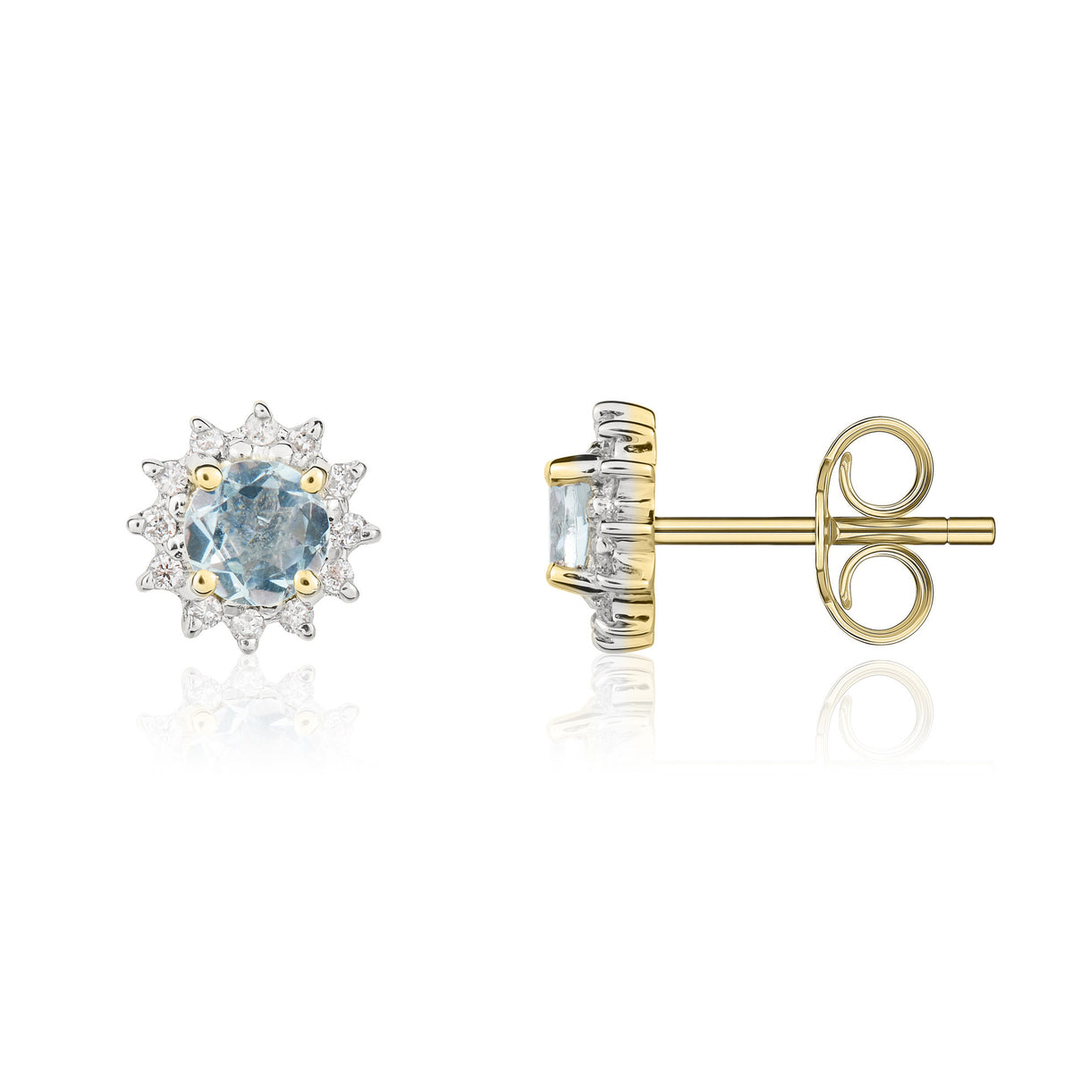 9CT YG 4MM ROUND AQUA & DIAMOND CLAW SET CLUSTER EARRINGS. RHODIUM TO DIAMONDS