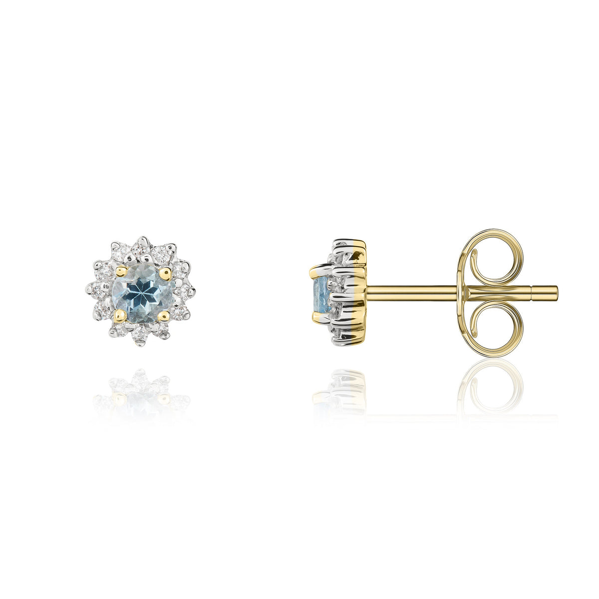 9CT YG 3MM ROUND AQUA AND DIAMOND CLAW CLUSTER EARRINGS. RHODIUM TO DIAMONDS