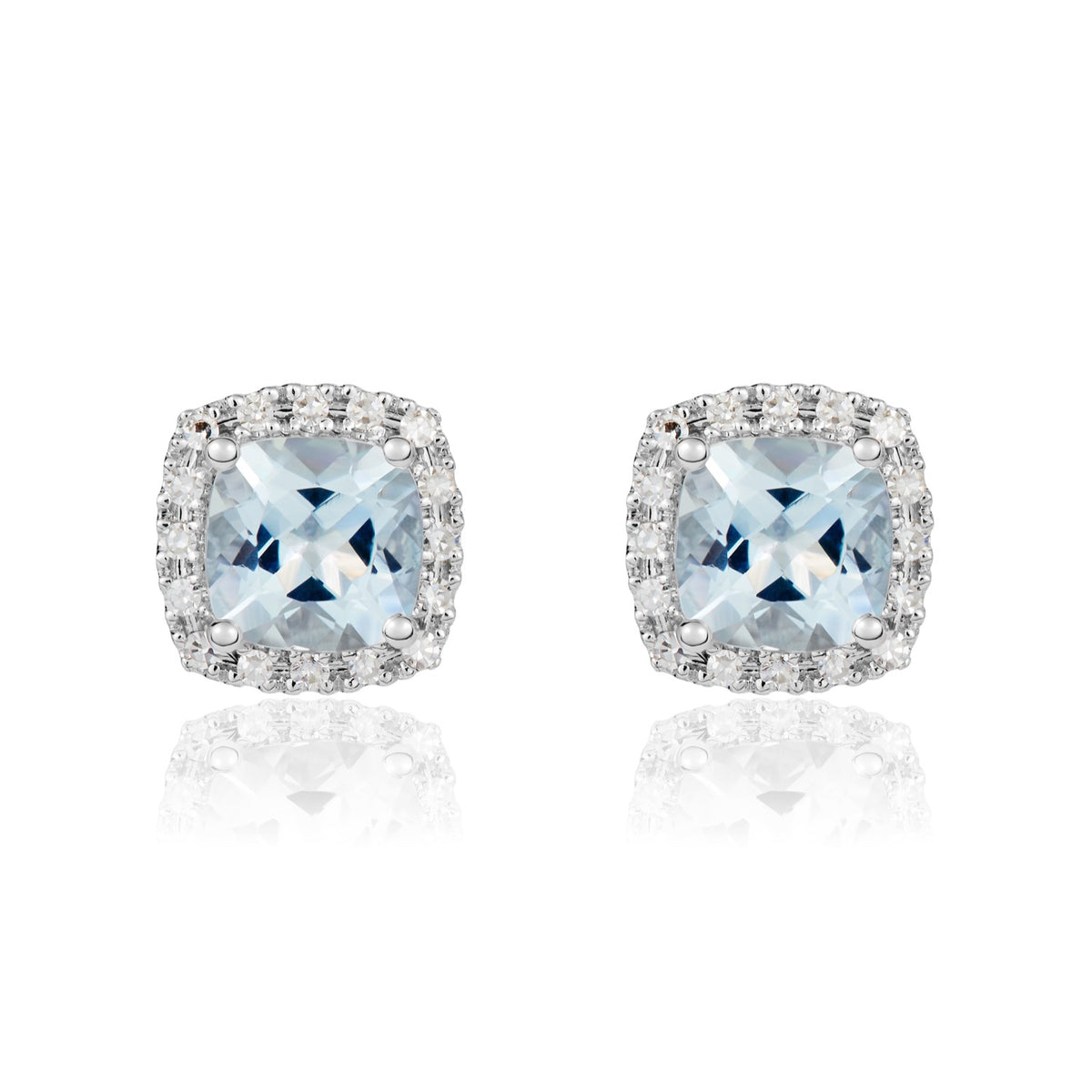 9CT YG 6MM CUSHION AQUA & DIAMOND CLAW SET CLUSTER EARRINGS. RHODIUM TO DIAMONDS