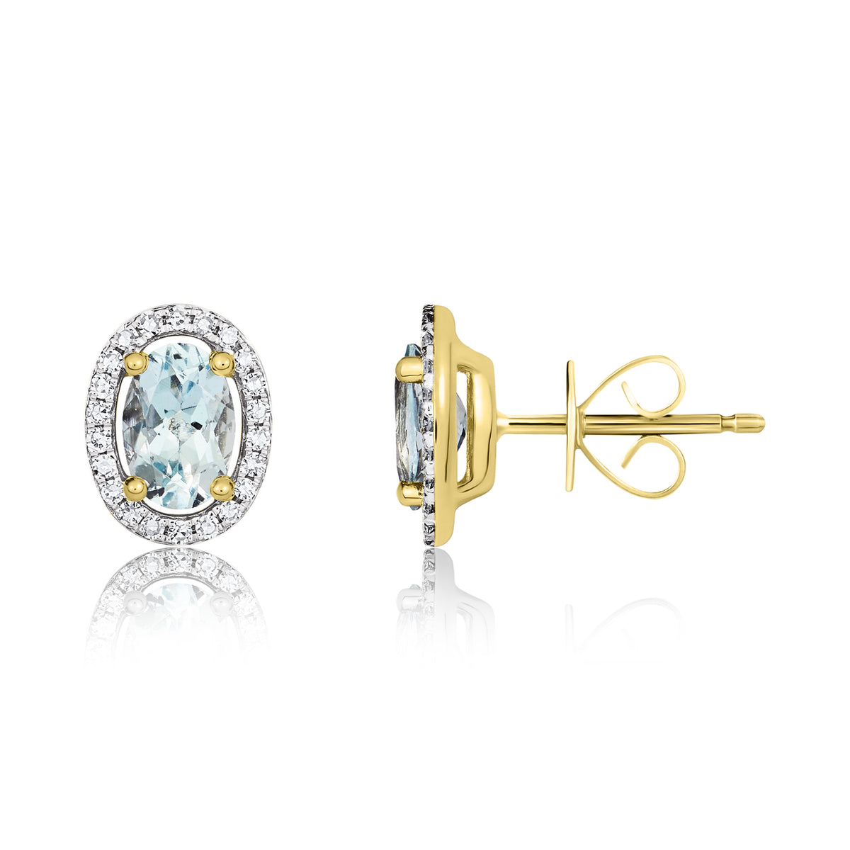9CT YG 6X4 OVAL AQUA AND ROUND DIAMOND HALO CLUSTER EARRINGS. RHODIUM TO DIAMONDS