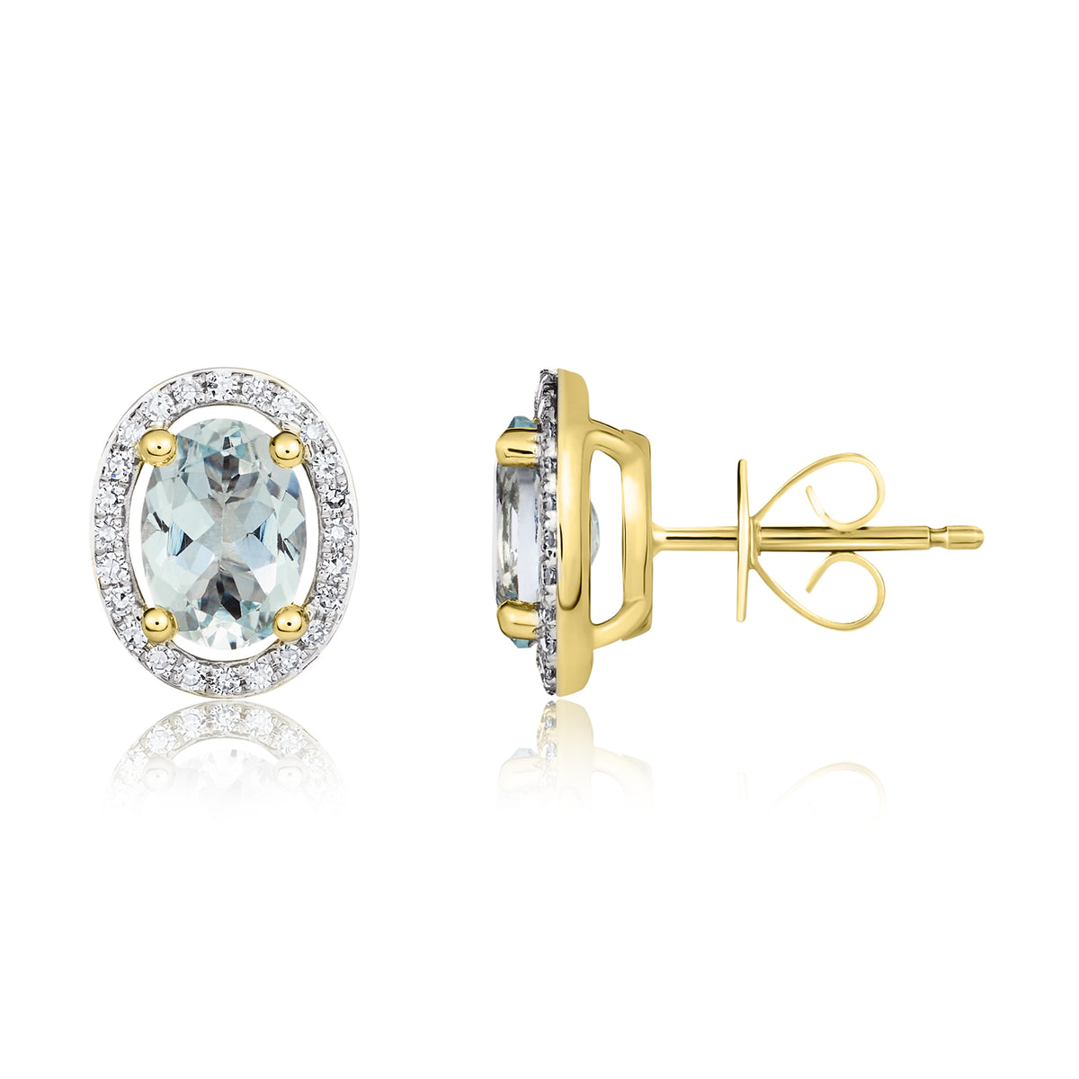 9CT YG 7X5 OVAL AQUA AND ROUND DIAMOND CLAW SET HALO CLUSTER EARRINGS. RHODIUM TO DIAMONDS