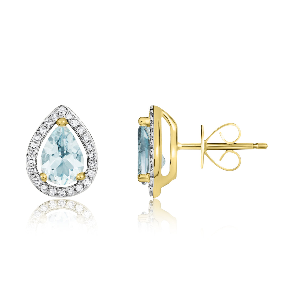 9CT YG 7X5 PEARSHAPE AQUA & DIAMOND HALO CLUSTER EARRINGS. RHODIUM TO DIAMONDS