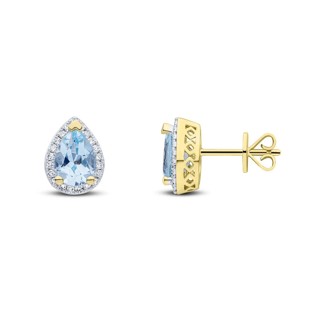 9CT YELLOW GOLD 7X5 PEAR AQUA & DIAMOND CLUSTER EARRINGS. RHODIUM TO DIAMONDS