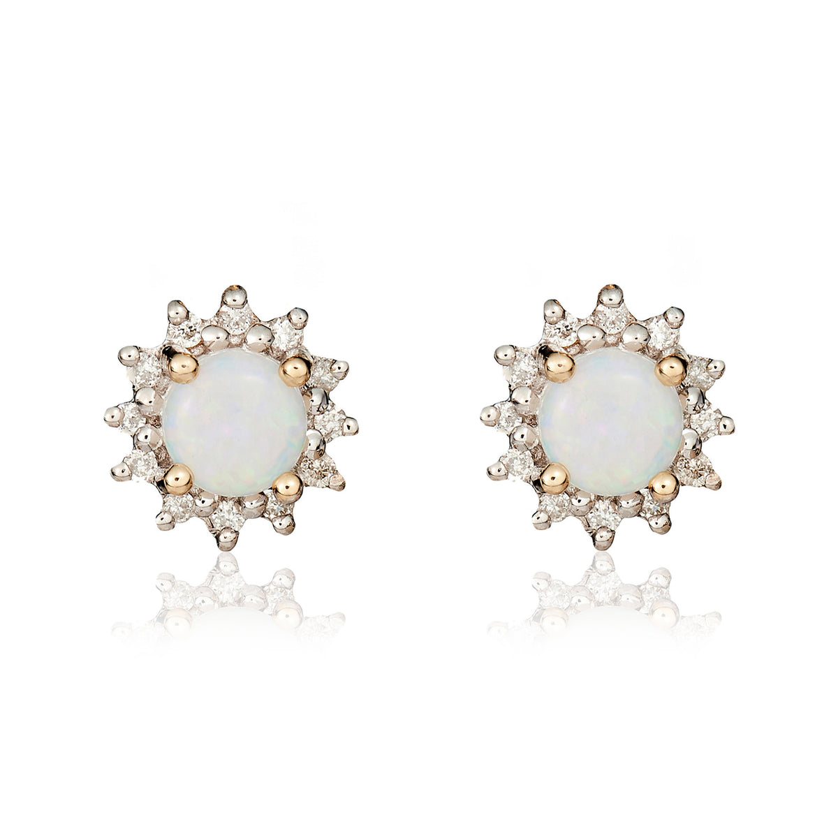 9CT YG 4MM ROUND OPAL & DIAMOND CLAW SET CLUSTER EARRINGS. RHODIUM TO DIAMONDS