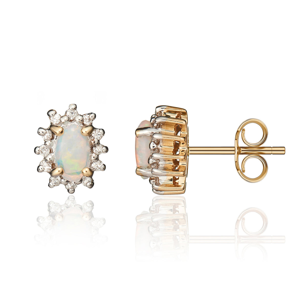9CT YG 5X3 OVAL OPAL & DIAMOND CLAW SET CLUSTER EARRINGS. RHODIUM TO DIAMONDS