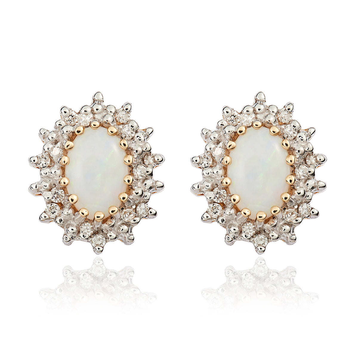 9CT YG 6X4 OVAL OPAL AND DIAMOND CLAW CLUSTER EARRINGS. RHODIUM TO DIAMONDS
